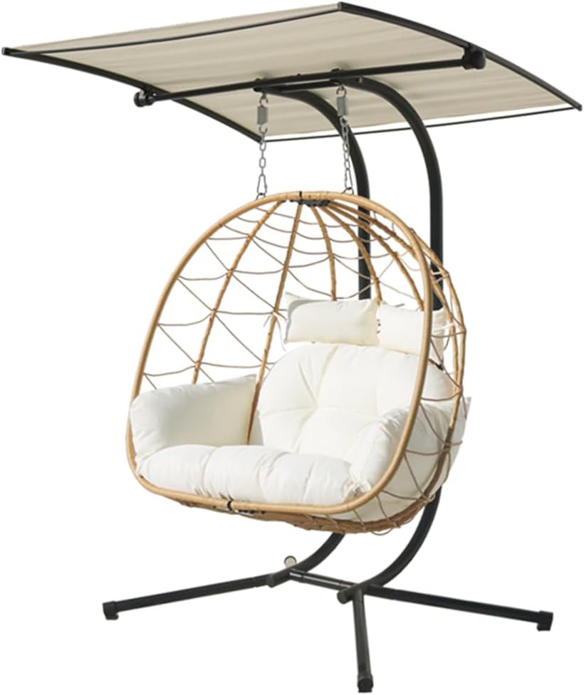 Double Egg Chair with Stand/Adjustable Canopy Patio Love Seats Hammock Chair Hanging Swing Wicker Rattan Basket for Outdoor Balcony Garden (Yellow+White)