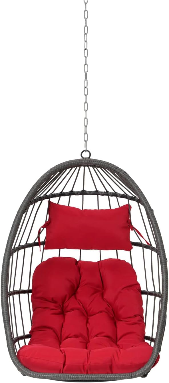 Egg Swing Chair with UV Resistant & Strong Frame, Wicker Rattan Egg Chair with Stand, 360 lbs Capacity Hanging Chairs for Indoor & Outdoor Use, Patio Balcony Garden Bedroom, Red