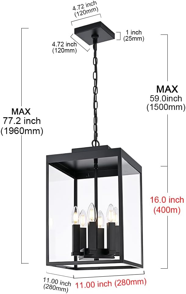 MELUCEE 16'' Large Outdoor Pendant Light Fixture, 6-Light Outdoor Chandelier for Porch Black Lantern Pendant Lights with Clear Glass Exterior Ceiling Lights Hanging for Porch Patio Gazebo Entrance