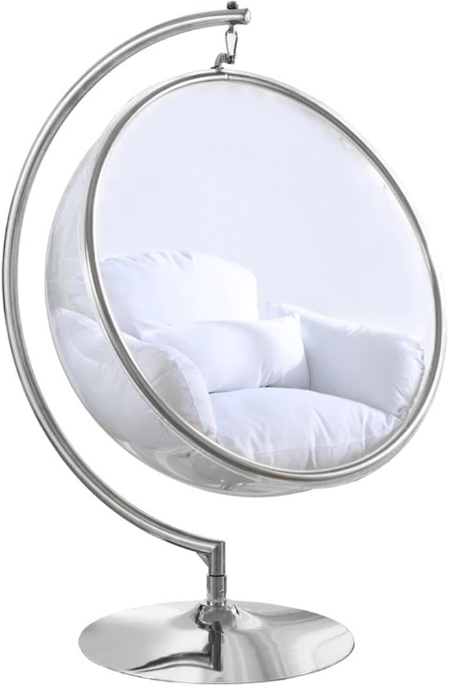 Meridian Furniture 507White Luna Collection Modern | Contemporary Clear Acrylic Accent Swing Chair with Durable Metal Base and Fabric Seat, White, Chrome Finish, 41.5' W x 29.5' D x 64' H