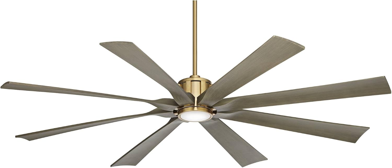 Possini Euro Design 70' Defender Modern Outdoor Ceiling Fan with Dimmable LED Light Remote Control Soft Brass Weathered Oak Blades Damp Rated for Patio Exterior House Porch Gazebo Garage Barn