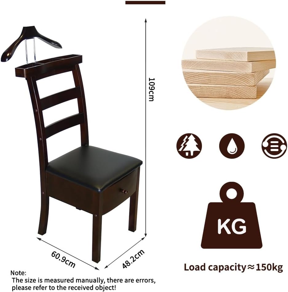 Chair Valet With Drawer Wooden Suit Valet Stand With Contour Hanger Trouser Bar And Top Storage Tray Freestanding Clothes Rack For Men And Women Clothing Organizer For Office Hotel(Dark Brown A)