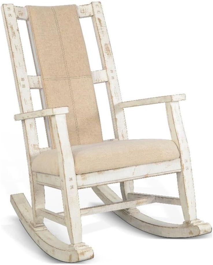 Pemberly Row Mahogany Rocking Chair with Cushioned Seat and Back, Studded Accents, Smooth Rocking Motion, White