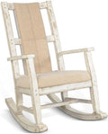 Pemberly Row Mahogany Rocking Chair with Cushioned Seat and Back, Studded Accents, Smooth Rocking Motion, White