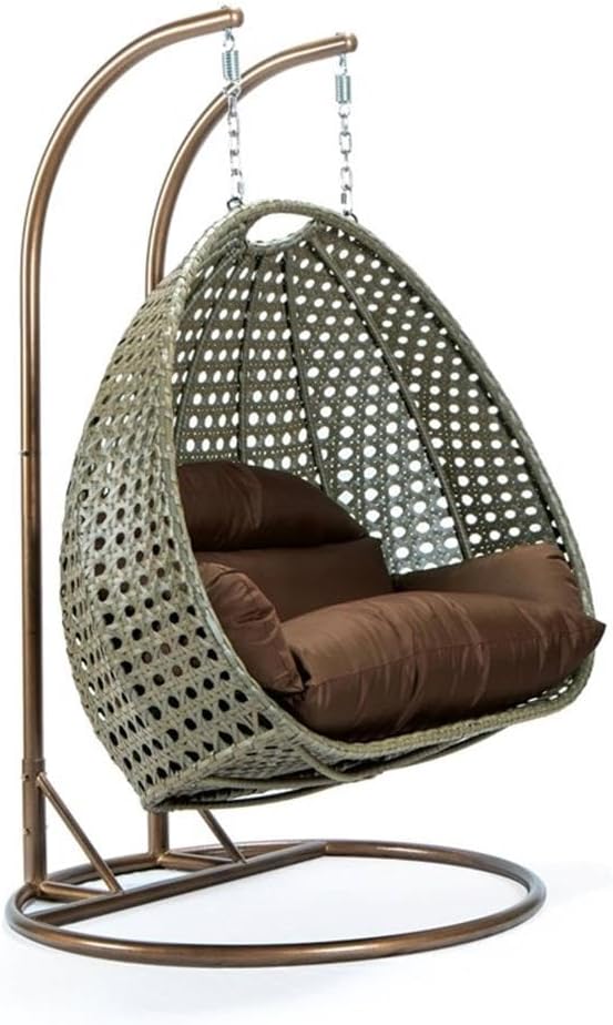 LeisureMod Brown Wicker 2 Person Egg Swing Chair with Beige Stand and Cushions – Double Hanging Hammock Lounge for Patio, Indoor & Outdoor Use