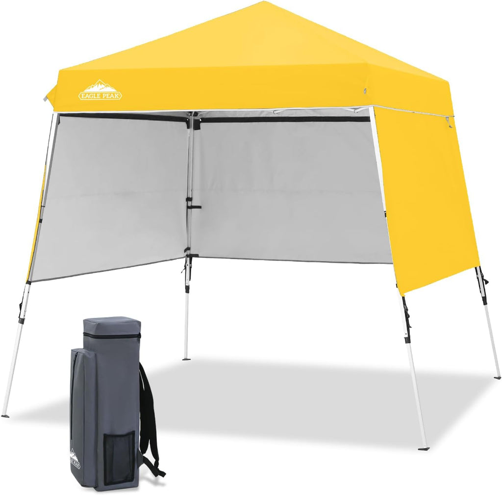 EAGLE PEAK Day Tripper 8x8 Aluminum Super-Lightweight Slant Leg Pop Up Canopy with 3 Removable Walls, Instant Outdoor Backpack Canopy Tent, Outside Beach Folding Sun Shelter, 8x8 Base 6x6 Top, Yellow