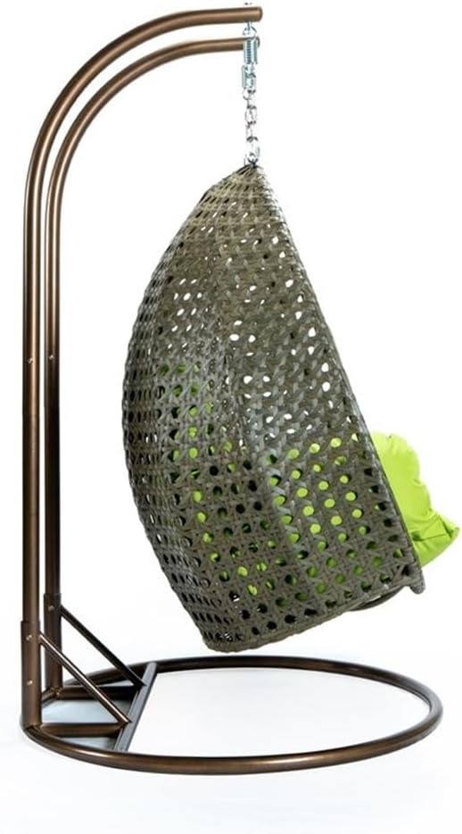 LeisureMod 2 Person Wicker Egg Chair Outdoor Indoor Bedroom Patio Hanging Lounge Swing Hammock Chairs with Beige Stand and UV Resistant Cushions (Light Green)