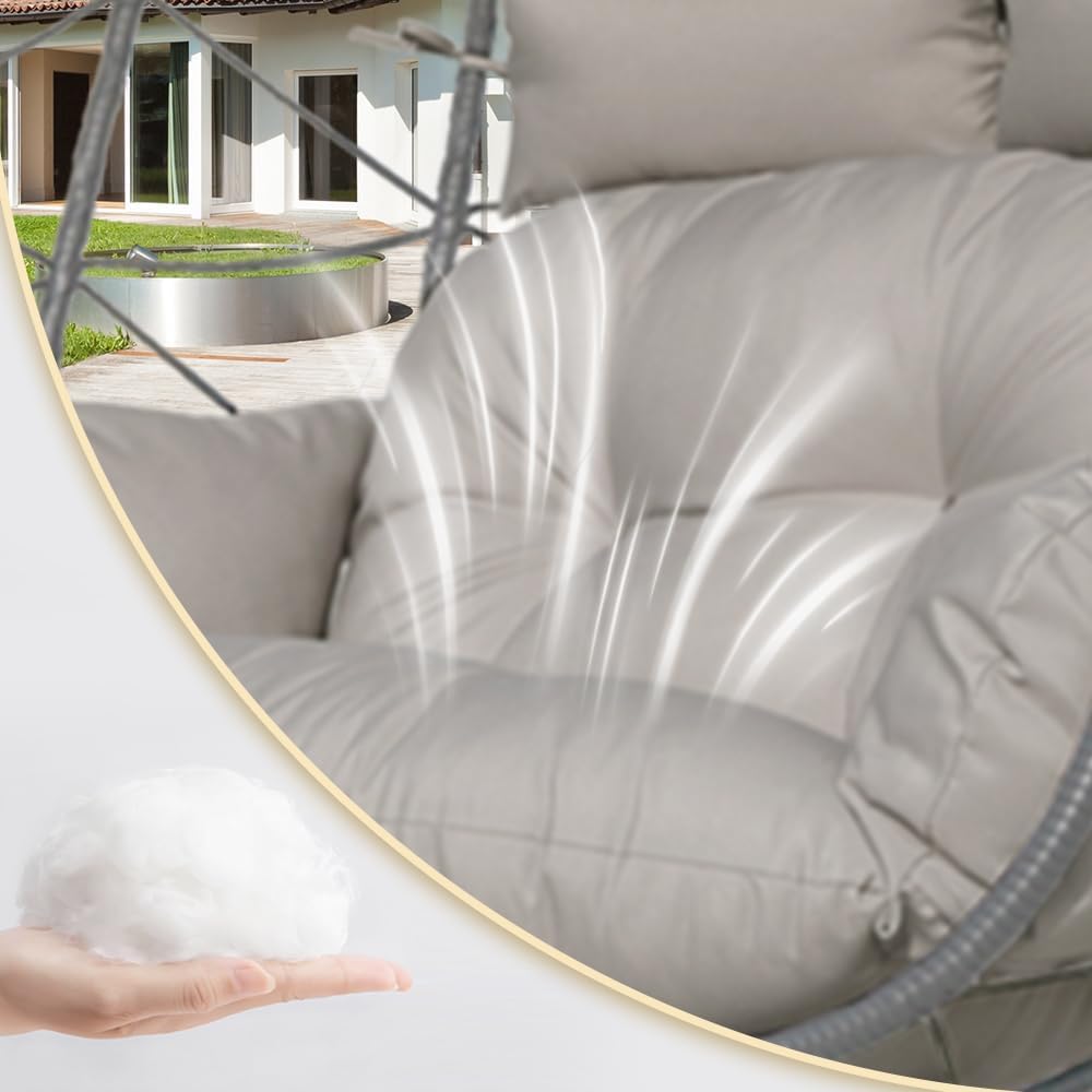 Double Egg Chair with Stand Patio Love Seats Chair w/Cushion Outdoor Waterproof Hanging Swing Wicker Rattan Basket (Double Gray)