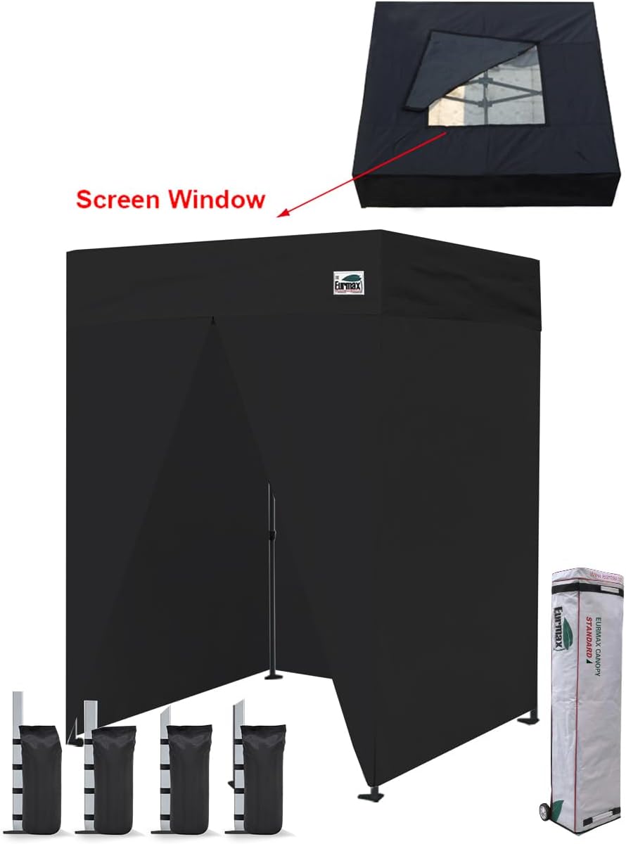 Eurmax USA 5x5 Pop Up Canopy Tent,Commercial Tent with Patented No-Tip Rolling Bag,4 Zippered Removable Walls,UV & Water Resistant Top,Heavy Duty Outdoor Gazebo,Instant Shelter(Black with Window)