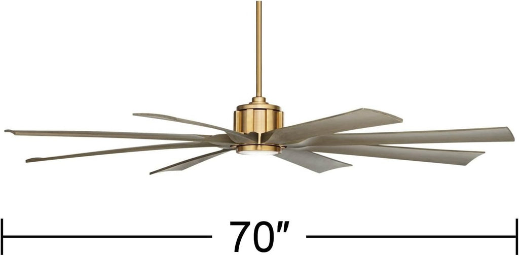 Possini Euro Design 70' Defender Modern Outdoor Ceiling Fan with Dimmable LED Light Remote Control Soft Brass Weathered Oak Blades Damp Rated for Patio Exterior House Porch Gazebo Garage Barn