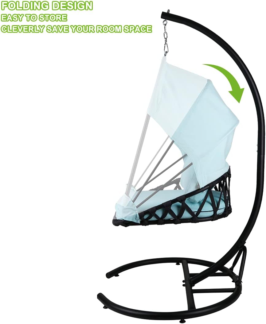 Foldable Hanging Chair Swing Hammock Egg Chair PE Rattan Wicker Seat w/Padded Cushion Headrest Pillow Canopy for Outdoor, Indoor, Grey