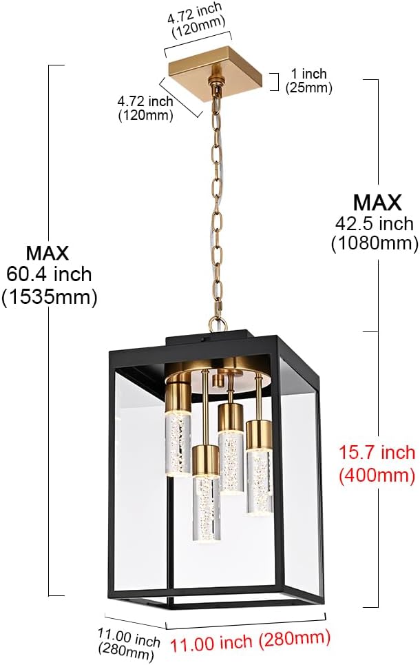 MELUCEE 15.7 Inch Outdoor Pendant Light 5 Color Dimmable LED Exterior Lantern Hanging Light Ceiling Mount with Clear Glass, Black Outside Chandelier for Porch Garage Gazebo Patio, Built-in LED Chips