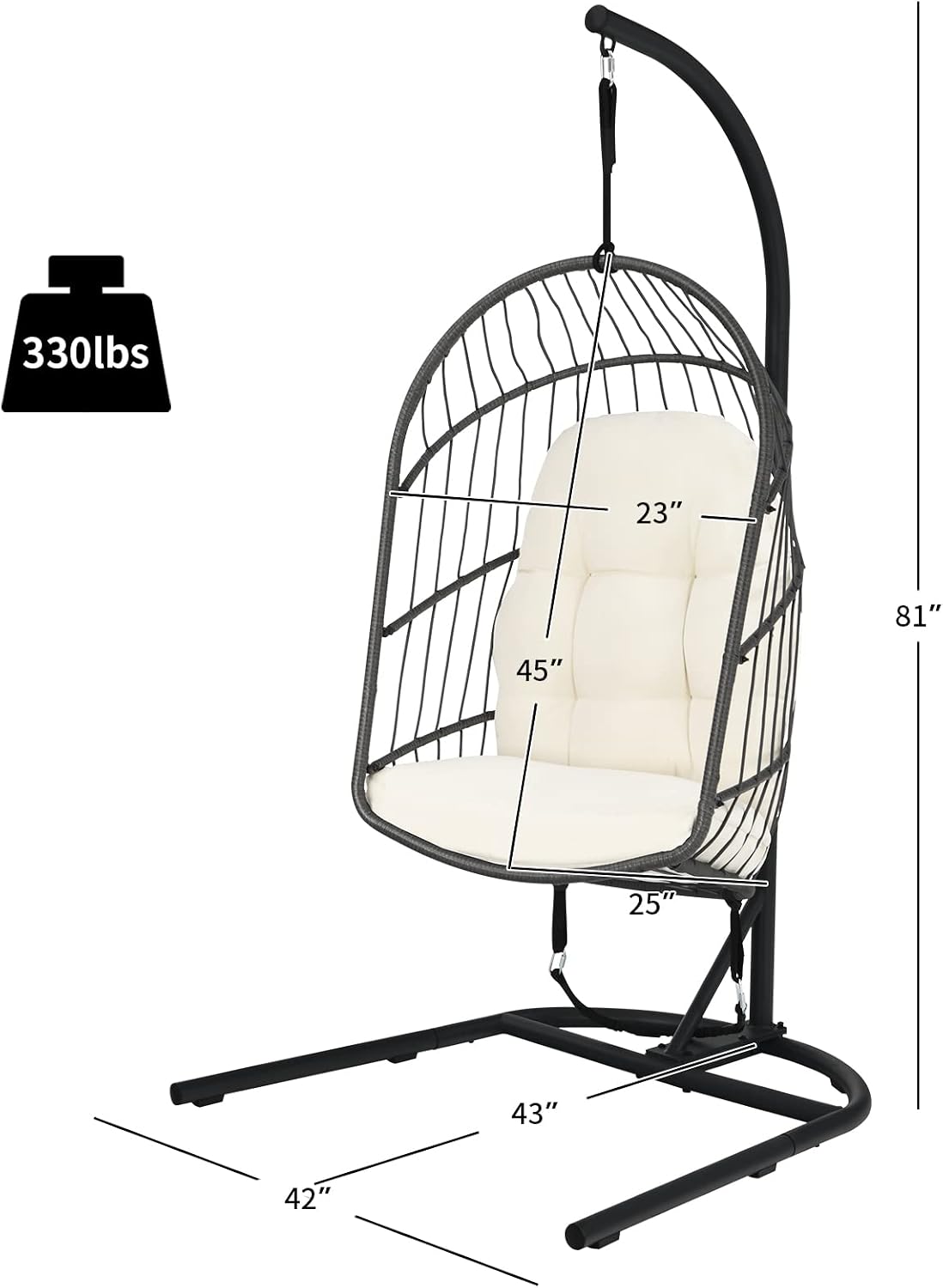 Giantex Hanging Egg Chair with Stand, Outdoor Indoor Foldable Swing Chair with Cushions, Rattan Hanging Basket Chairs with C Hammock Stand, Hanging Hammock Chair for Bedroom Balcony Patio (Beige)