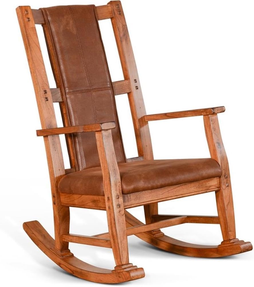 Pemberly Row Mahogany Rocking Chair with Cushioned Seat and Back, Studded Accents, Smooth Rocking Motion, Rustic Oak