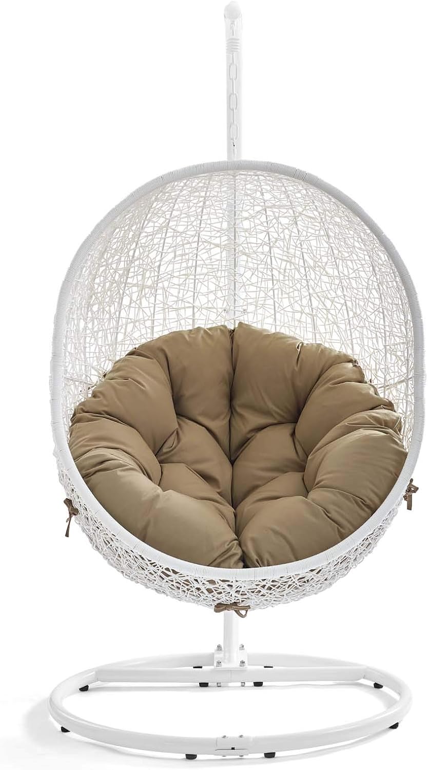 Modway Hide Wicker Rattan Outdoor Patio Porch Lounge Egg Swing Chair Set with Stand in White Mocha