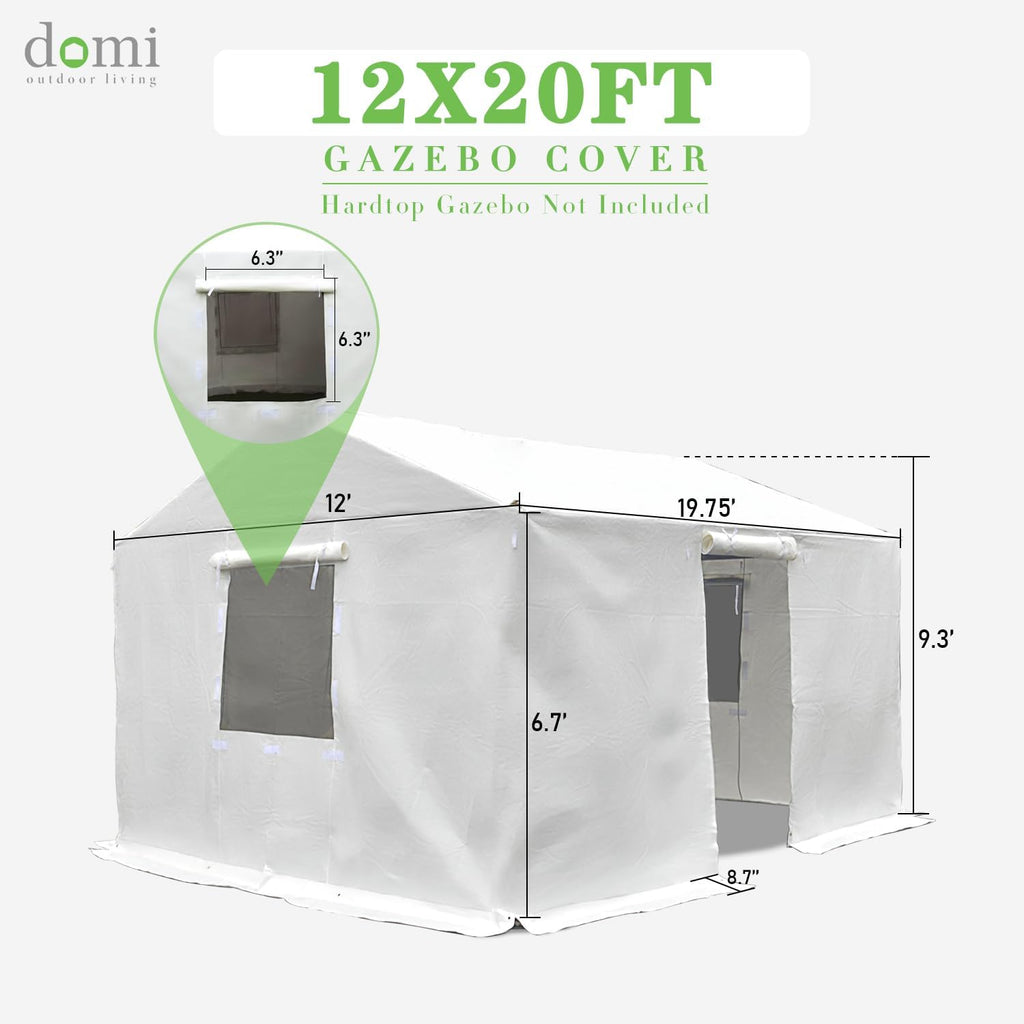 Domi 12' x 20' Universal Winter Gazebo Cover, All Season Waterproof Enclosed Cover with Sidewalls & Ventilated Mesh Windows, All-Weather Outdoor Cover for Gable Roof Gazebos, White