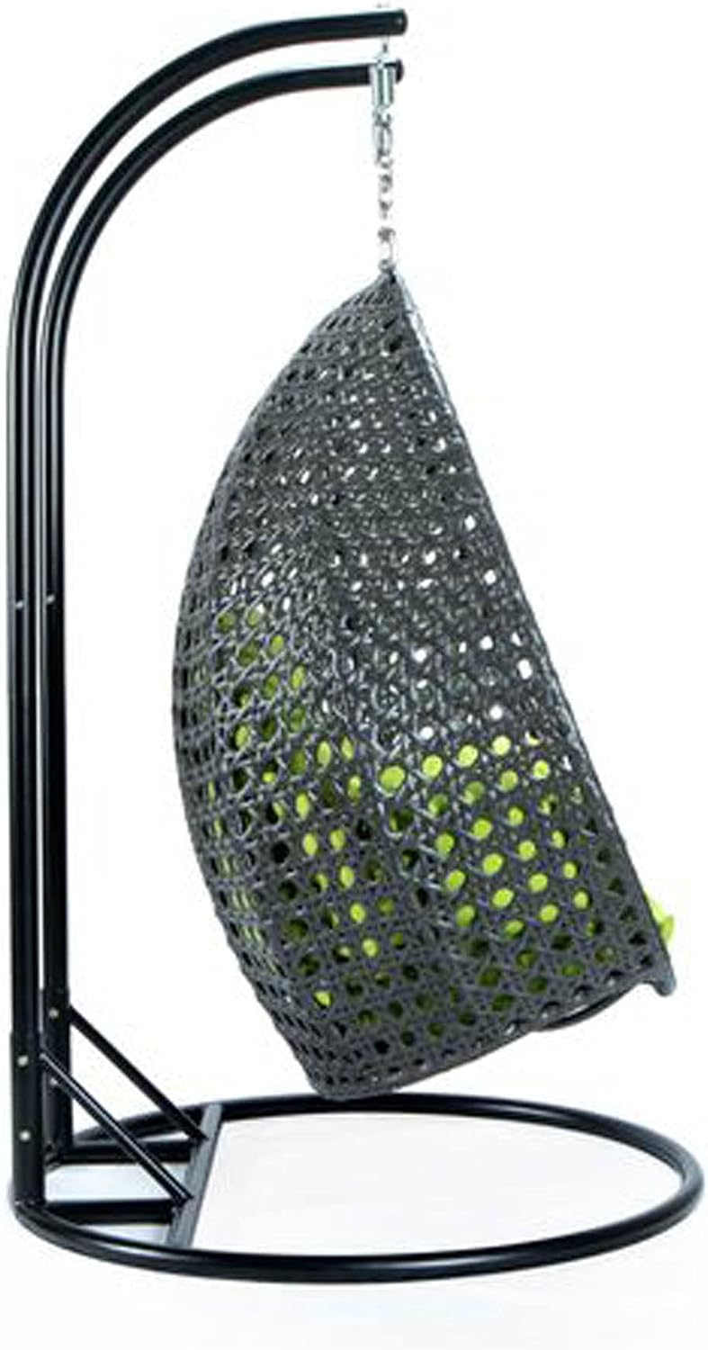 LeisureMod 2 Person Wicker Hanging Egg Chair, Indoor Outdoor Patio Swing with Black Stand & UV-Resistant Cushions, Lounge Chair for Bedroom & Garden, Light Green