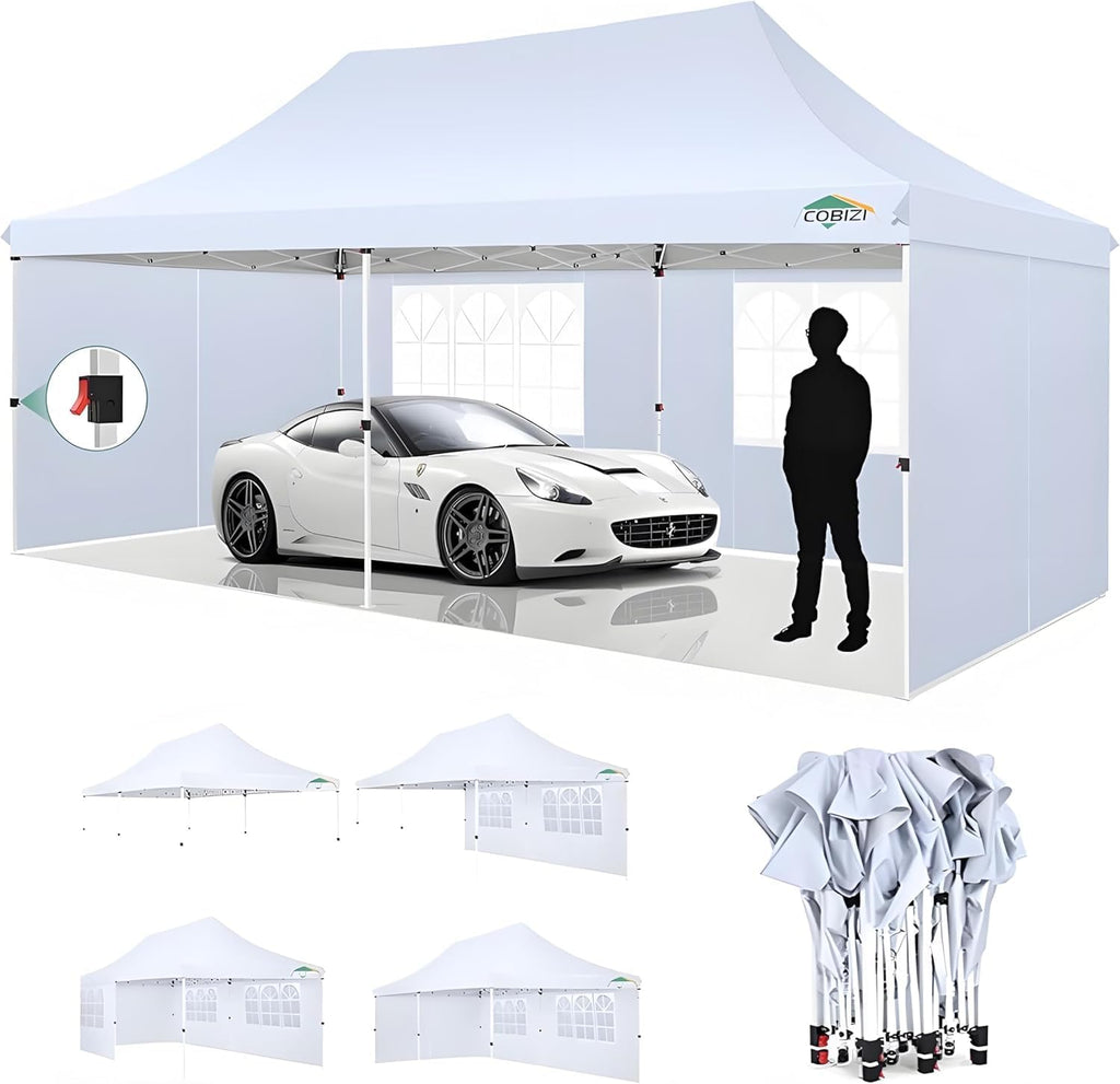 COBIZI 10x20ft Pop Up Canopy Tent with 6 Removable Sidewalls, Easy Up Commercial Canopy, Waterproof and UV50+ Gazebo with Portable Bag, Adjustable Leg Heights,Party Tents for Parties, with 4 Sandbags