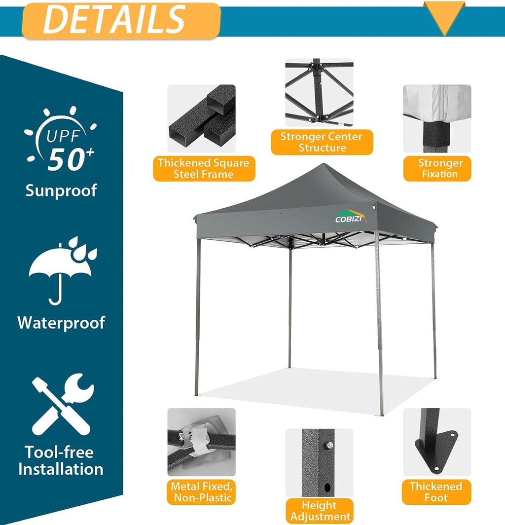 COBIZI 6.6x6.6 Pop Up Canopy Without Sidewall,Heavy Duty Canopy UPF 50+ All Season Wind Waterproof Commercial Outdoor Party Tents for Parties Canopy Gazebo with Storage Bag(6.6 x 6.6 ft Gray)