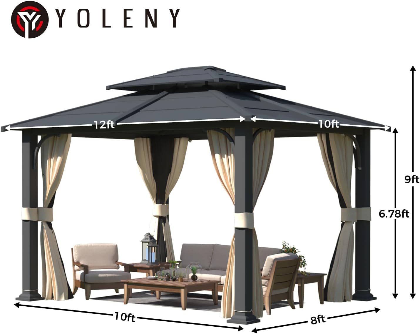YOLENY 10'x12' Gazebo with Galvanized Steel Roof, Hardtop Double Roof with Anti-Rust Coating, Outdoor Gazebos with Curtains and Netting, Sunshade for Gardens, Lawns, Deck