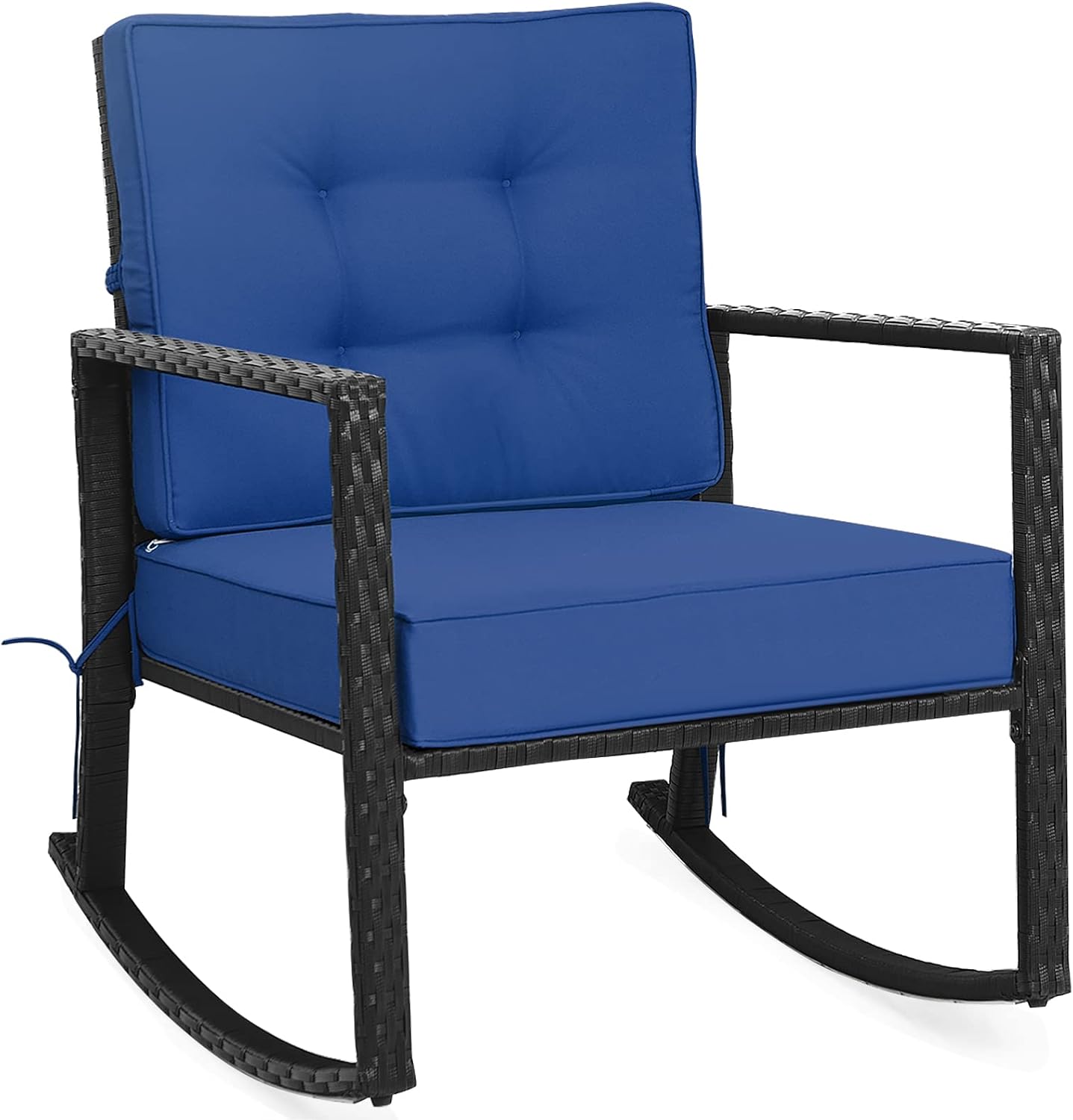 Tangkula Wicker Rocking Chair, Outdoor Glider Rattan Rocker Chair with Heavy-Duty Steel Frame, Patio Wicker Furniture Seat with 5' Thick Cushion for Garden, Porch, Backyard, Poolside (1, Blue)