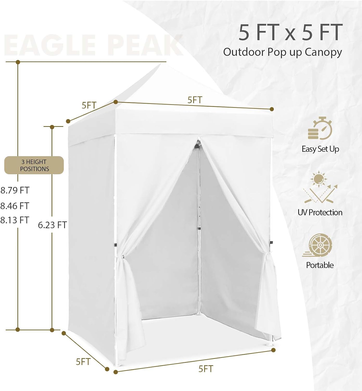 EAGLE PEAK 5x5 Instant Canopy with 4-Side Wall Panels, Small Pop up Portable Canopy Tent with Carry Bag, Light Weight Sun Shelter for Sports, Camping and Beach, White