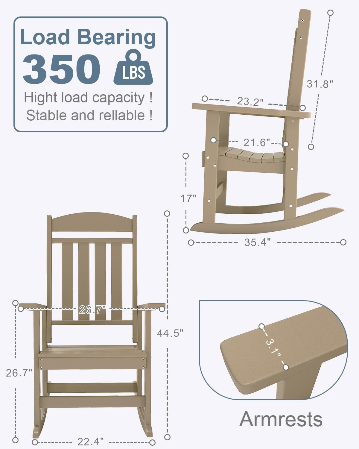 NAVINE Outdoor Rocking Chairs Set of 2, Oversized High Back Patio Rocking Chairs, All Weather Porch Rocking Chairs for Outside. Brown