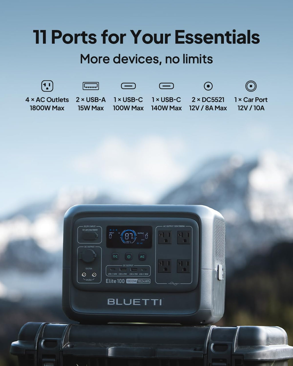 BLUETTI Solar Generator Elite 100 V2 with 200W Solar Panel and Charger 1 (Ship Separately), 1024Wh Portable Power Station w/ 1800W Power, 560W DC-DC Car Charger, for Camping, Road Trips, RV (2025 New)