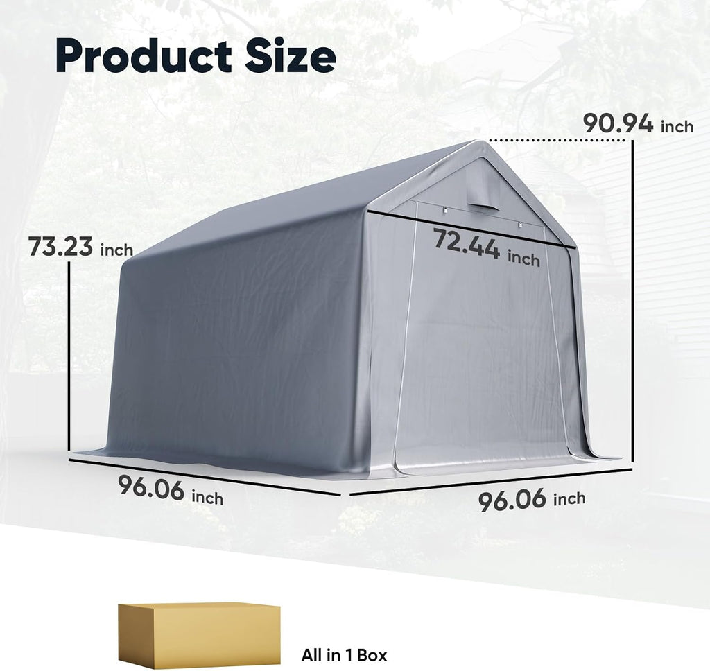 Quictent 8x8FT Outdoor Storage Shed Shelter with Roll-Up Mesh Windows, Heavy Duty Portable Garage for Motorcycle, Bike, Lawn Mower Waterproof Storage Tent with Reinforced Frame,Sliver Gray