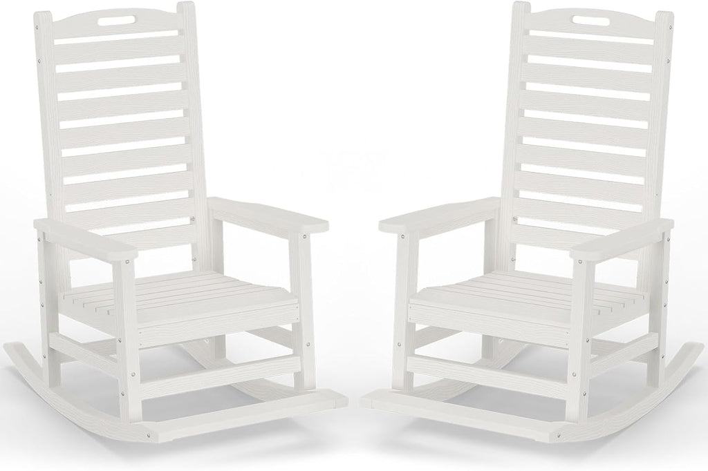 PLUUV Outdoor Rocking Chair Set of 2 with Removable Footboard for Adults, HDPE High Back Patio Rocking Chairs, 330lbs All Weather Porch Rocking Chairs for Outdoor & Indoor -White