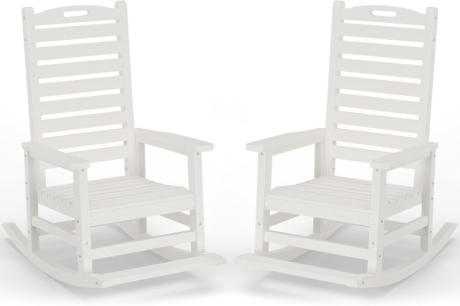 PLUUV Outdoor Rocking Chair Set of 2 with Removable Footboard for Adults, HDPE High Back Patio Rocking Chairs, 330lbs All Weather Porch Rocking Chairs for Outdoor & Indoor -White