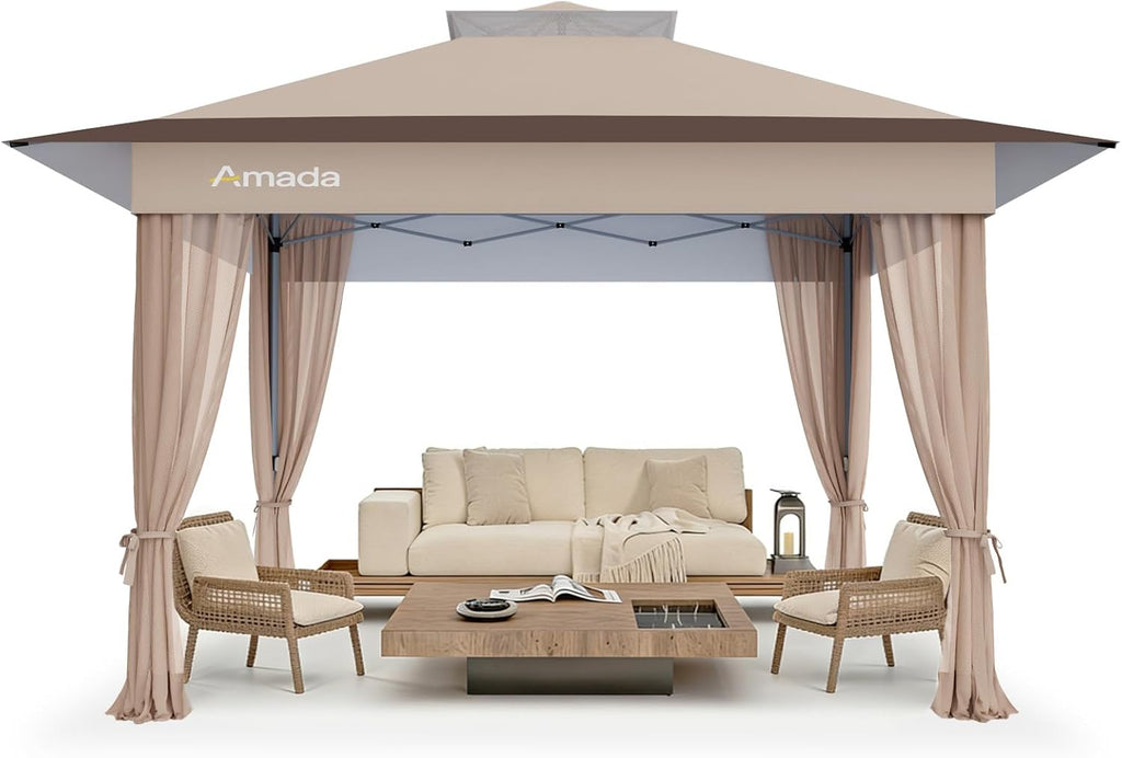 Amada 13x13 Pop Up Gazebo for Backyard & Patio Furniture,Gazebos on Clearance with Wheeled STO-N-Go Cover Bag,Carpa Pop Up Tent Party Tent and Shelter with Mosquito Netting for Lawn,Garden,Deck,Khaki