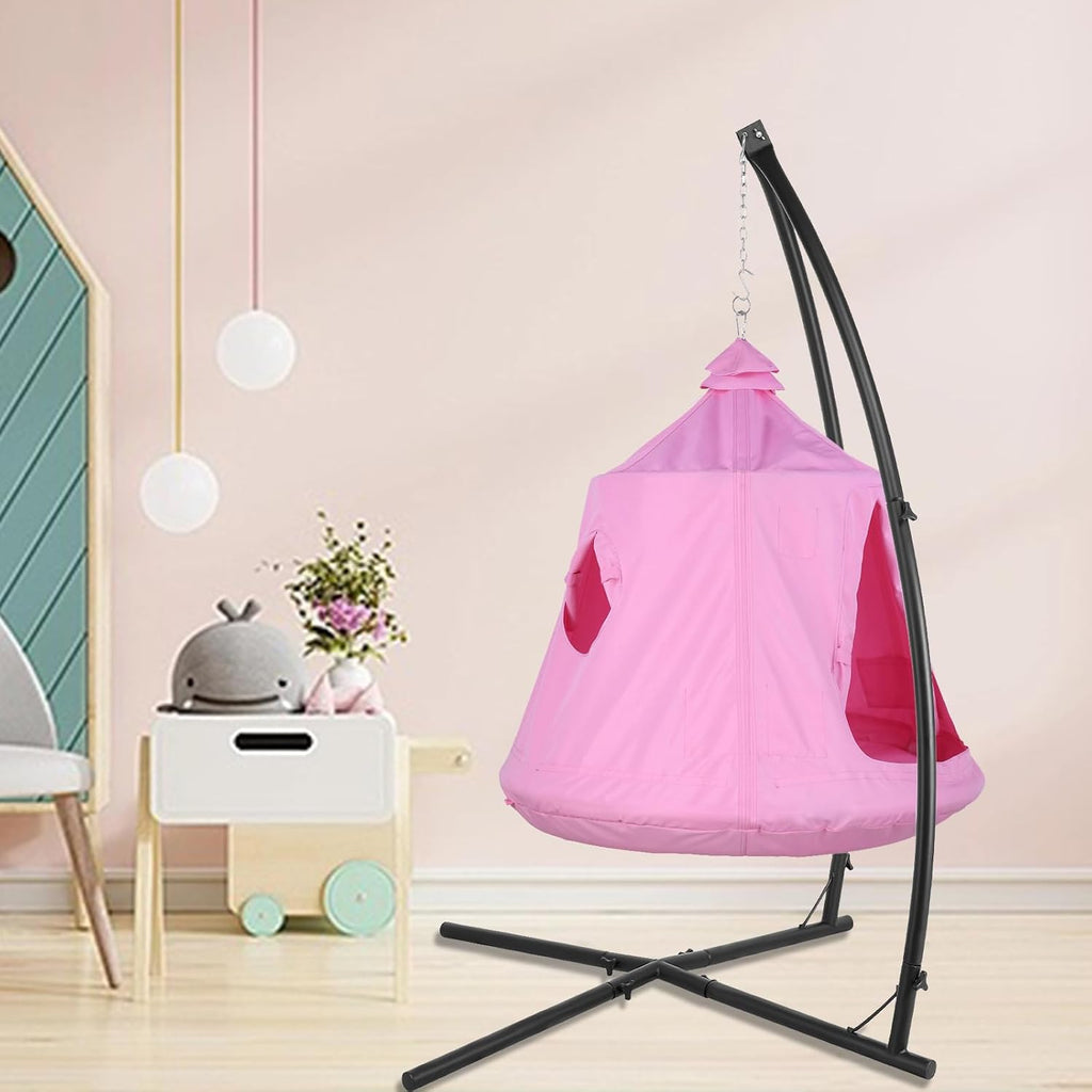 X-Shaped Hanging Tree Tent w/Swing Chair,Hammock Chair Stand Canopy w/Steel Frame,Indoor Outdoor Egg Basket Patio Seat w/Adjustable Solid Stand,Bedroom Porch Balcony Garden 330lb(Pink)