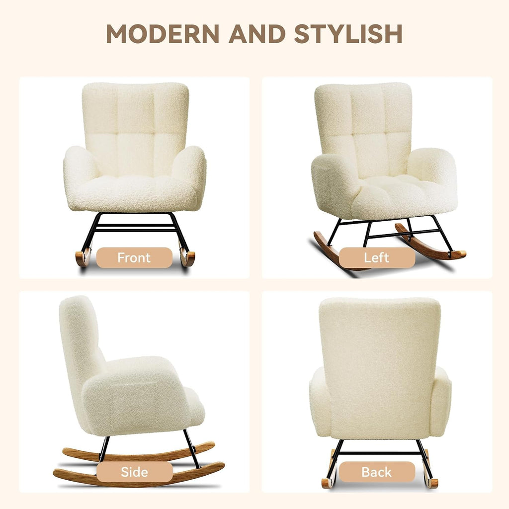 LUCKLIFE Rocking Chair Nursery,Teddy Upholstered Glider Rocker Chair with High Backrest,Reading Chair Modern Rocking Accent Chairs with Side Pockets for Living Room,Bedroom (Without Ottoman, Beige)