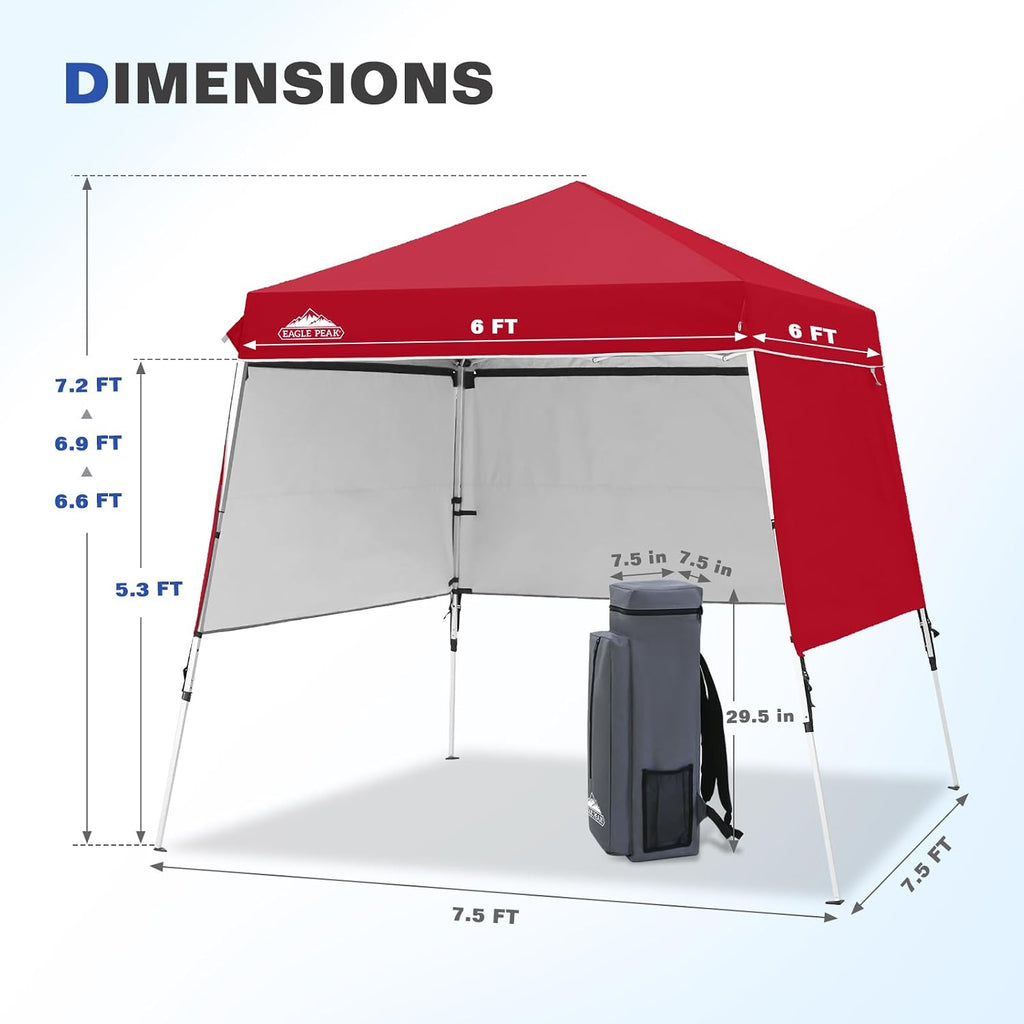 EAGLE PEAK Day Tripper 8x8 Aluminum Super-Lightweight Slant Leg Pop Up Canopy with 3 Removable Walls, Instant Outdoor Backpack Canopy Tent, Outside Beach Folding Sun Shelter, 8x8 Base 6x6 Top, Red