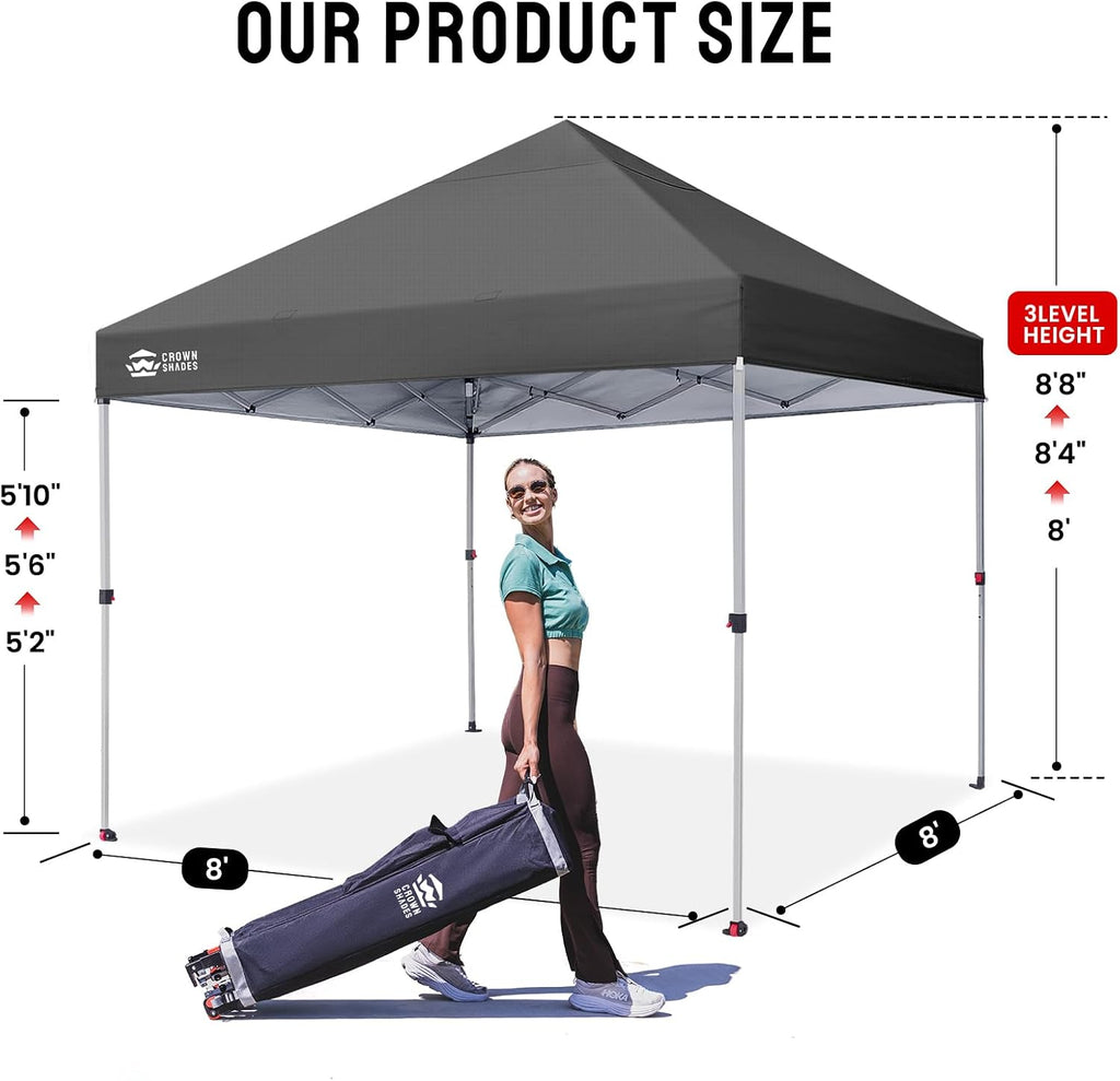CROWN SHADES 8x8 Pop Up Canopy - Beach Tent with One Push Setup - Easy Outdoor Sun Shade for Events, Parties, Camping - Gazebo with STO-N-Go Cover Bag, Silver Coated Top,Grid Grey