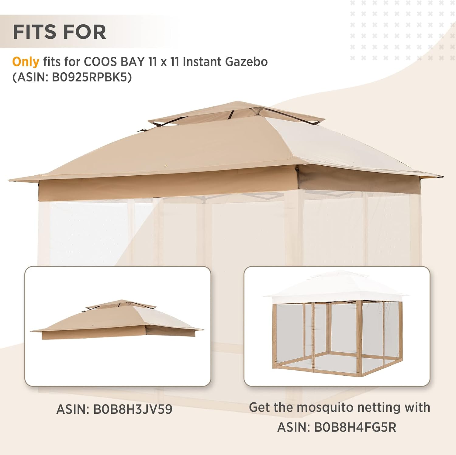 COOS BAY 11x11 Replacement Gazebo Top with Air Vent Sunshade Polyester Top Cover Only, Khaki
