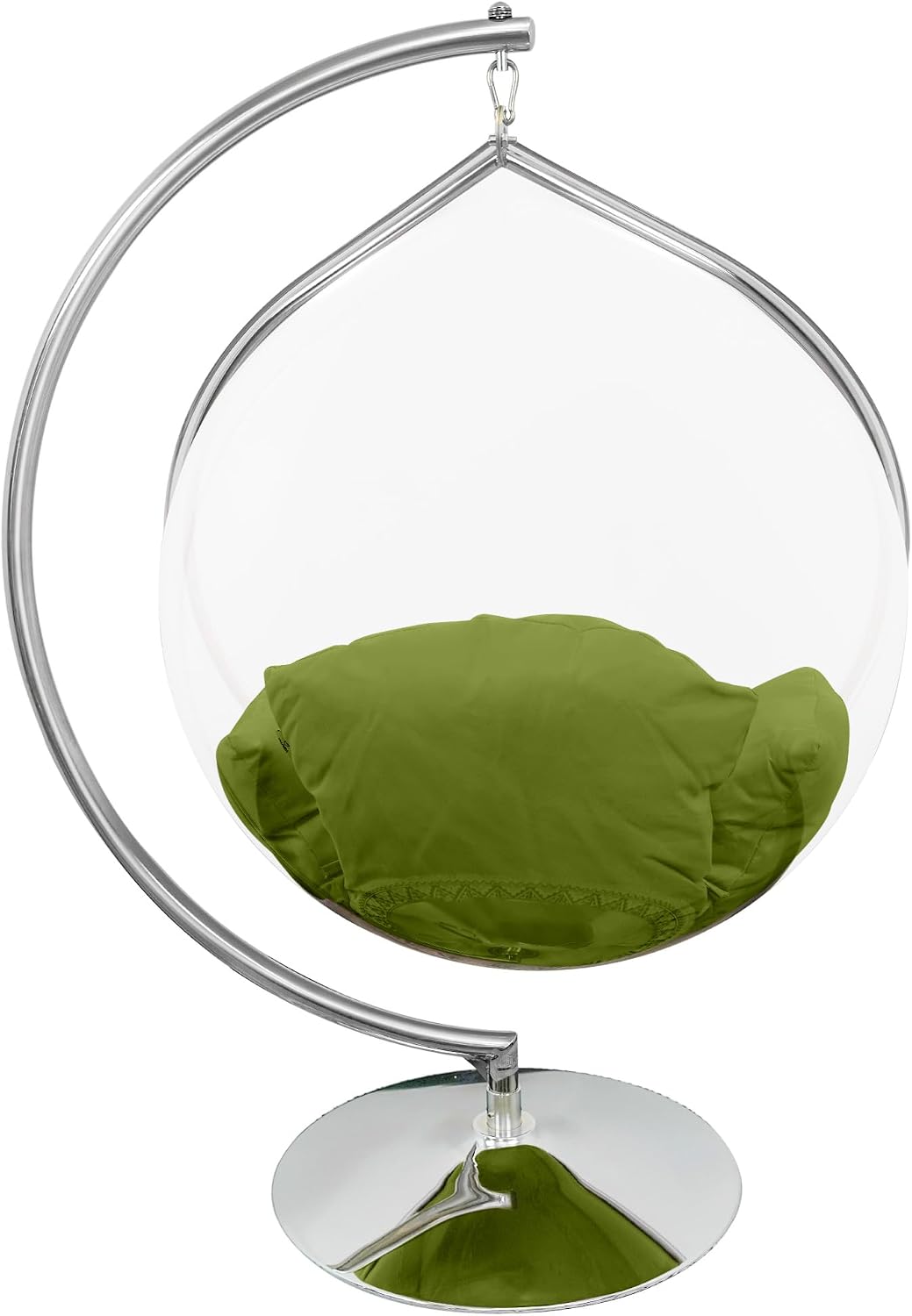 Hanging Chair - Transparent Acrylic Bubble, Waterdrop Shape, Indoor Swing Chair with Gold/Chrome Stand, Durable Fabric Cushion - Luxury Accent for Living Room, Bedroom (Chrome/Green)