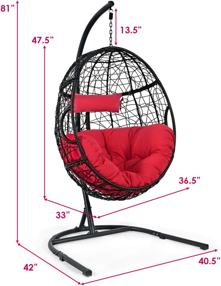 Giantex Hanging Egg Chair, Swing Chair with C-Hammock Stand Set, Hammock Chair with Soft Seat Cushion & Pillow, Multifunctional Hanging Chairs for Outdoor Indoor Bedroom (Red)