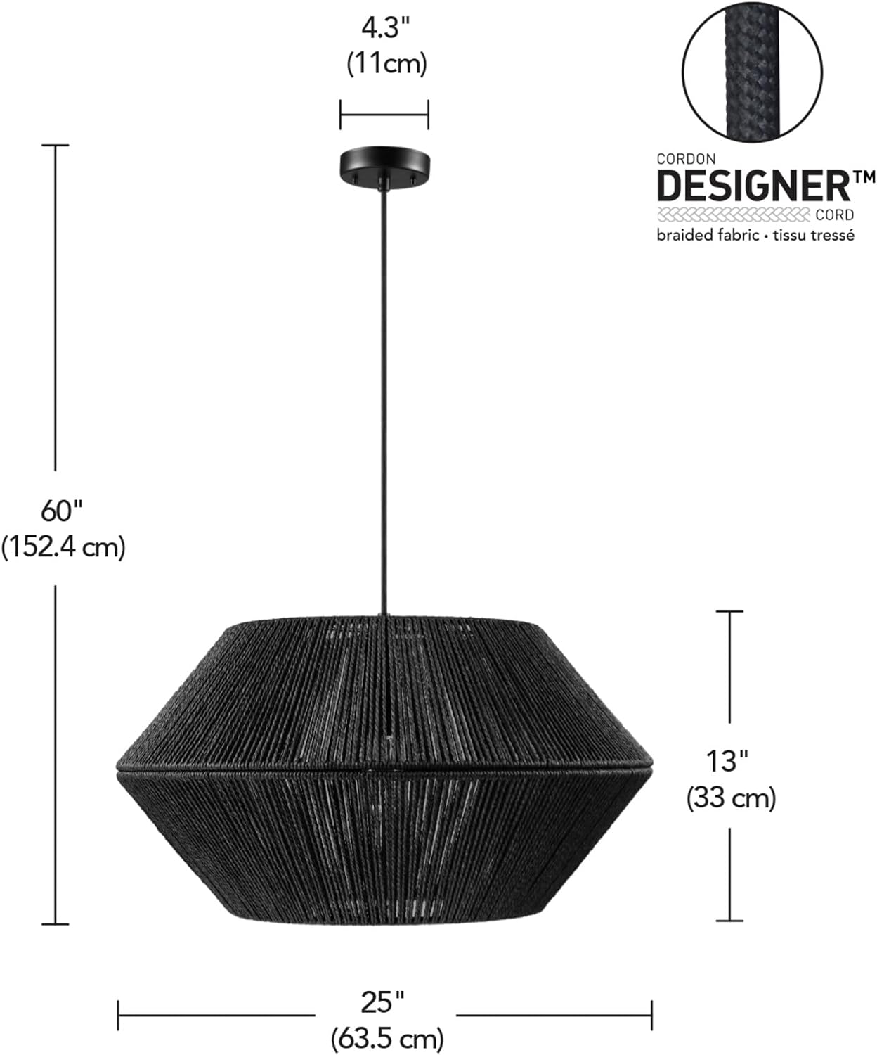 GLOBE Electric 65470 1-Light Chandelier, Matte Black Shade and Canopy, Natural Twine, Cloth Cord, Modern Hanging Lights for Kitchen Island, Bedroom, or Dining Room, Dimmer Switch Compatible