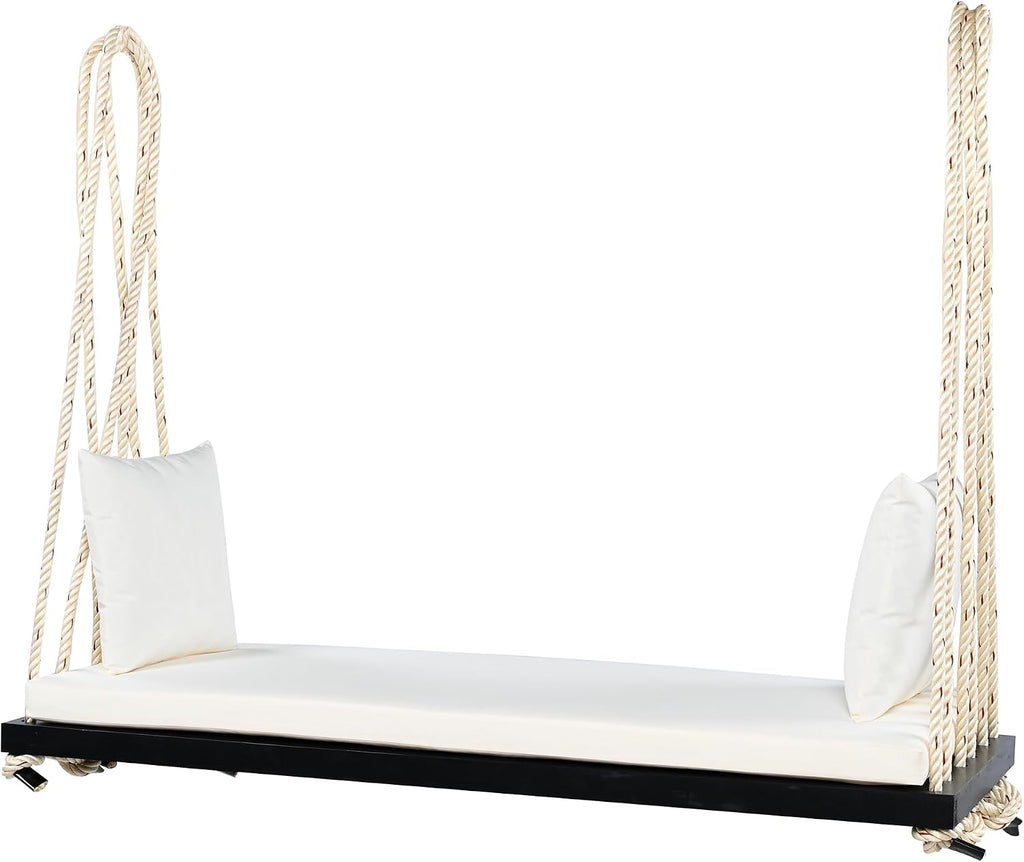 Merax Outdoor Patio Wooden Swing Chair, 2-Seat Hanging Porch Hammock Bench with Cushion & Pillows, 10.8Ft Hemp Ropes for Garden, Backyard, Lawn, Black