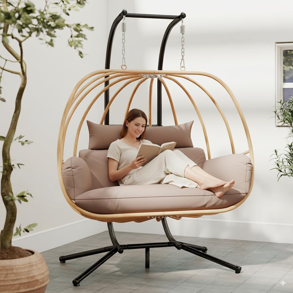 Oversized Egg Chair Outdoor, Double Egg Chairs with Stand, Round Hanging Chair with Stand, 600Lbs Sturdy Loveseat Swinging Egg Chairs for Balcony, Patio, Deck, Brown