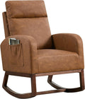 Glider Chair, Modern Rocking Chair, Nursery Faux Leather Glider Chair with Rubber Wood Legs and Side Pocket, Rocking Accent Armchair for Living Room