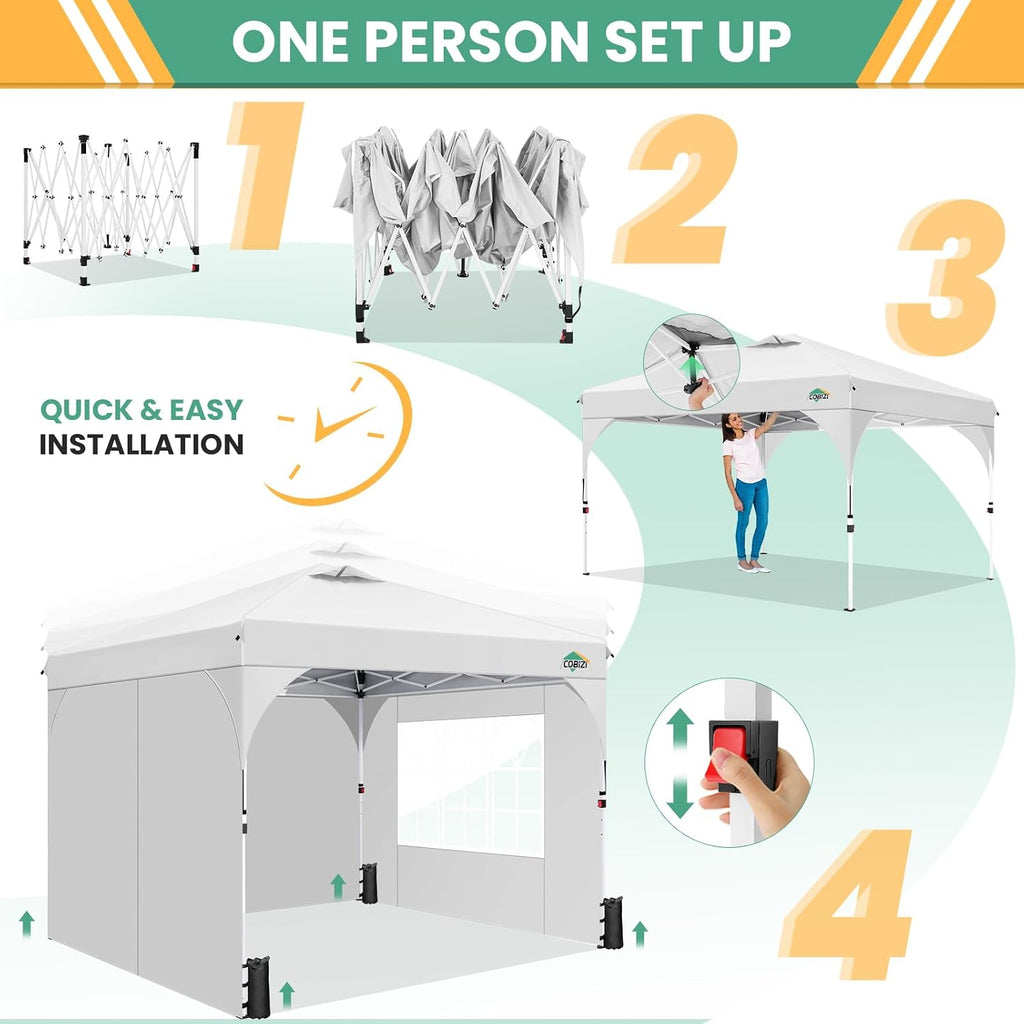 COBIZI 10x10 Pop Up Canopy Tent, Outdoor Party Tent with 3 Sidewalls, 1 Person Easy Set up, Tents for Parties with Fluorescent Strip & 4 Sandbags, Waterproof UPF50+, 3 Adjustable Height, White