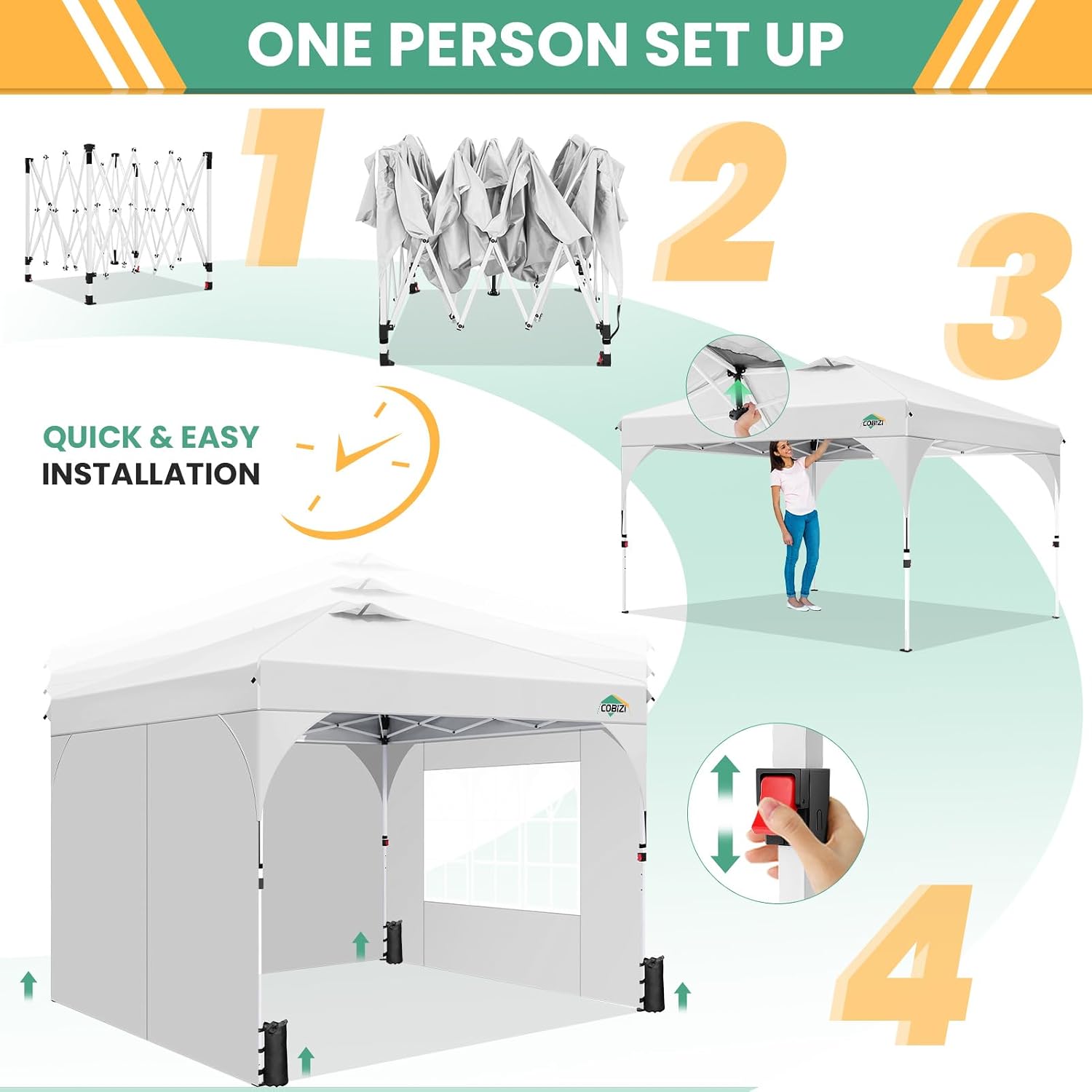 COBIZI 10x10 Pop Up Canopy Tent, Outdoor Party Tent with 3 Sidewalls, 1 Person Easy Set up, Tents for Parties with Fluorescent Strip & 4 Sandbags, Waterproof UPF50+, 3 Adjustable Height, White