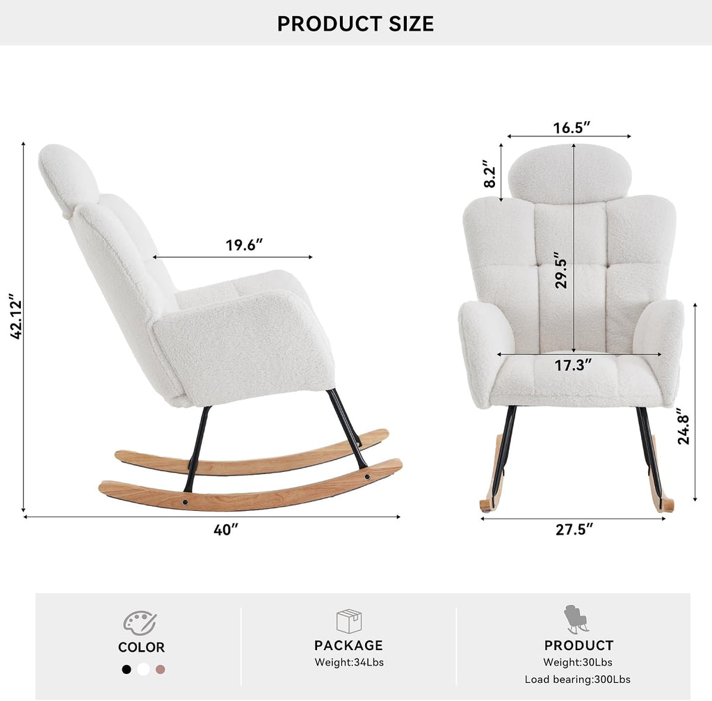 FOXHUNTER Rocking Chair Nursery with Thick Headrest, Upholstered Reading Glider Rocker Accent Armchair with High Backrest Rocker Recliner Chair for Adult Living Room Bedroom, Teddy Ivory