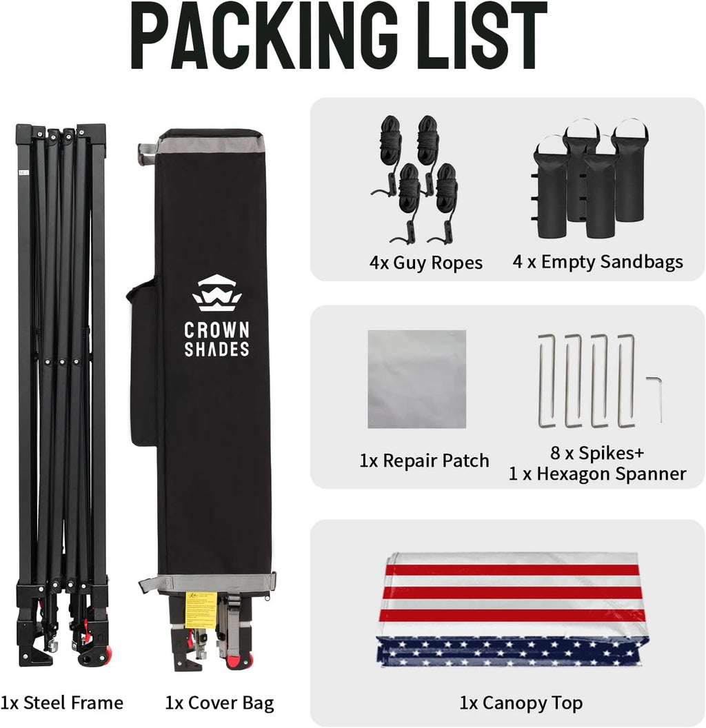 CROWN SHADES 10x10 Pop Up Canopy - Patented Center Lock One Push Instant Outdoor Canopy Beach Tent with STO-N-Go Bag 8 Stakes & 4 Sand Bags，American Flag