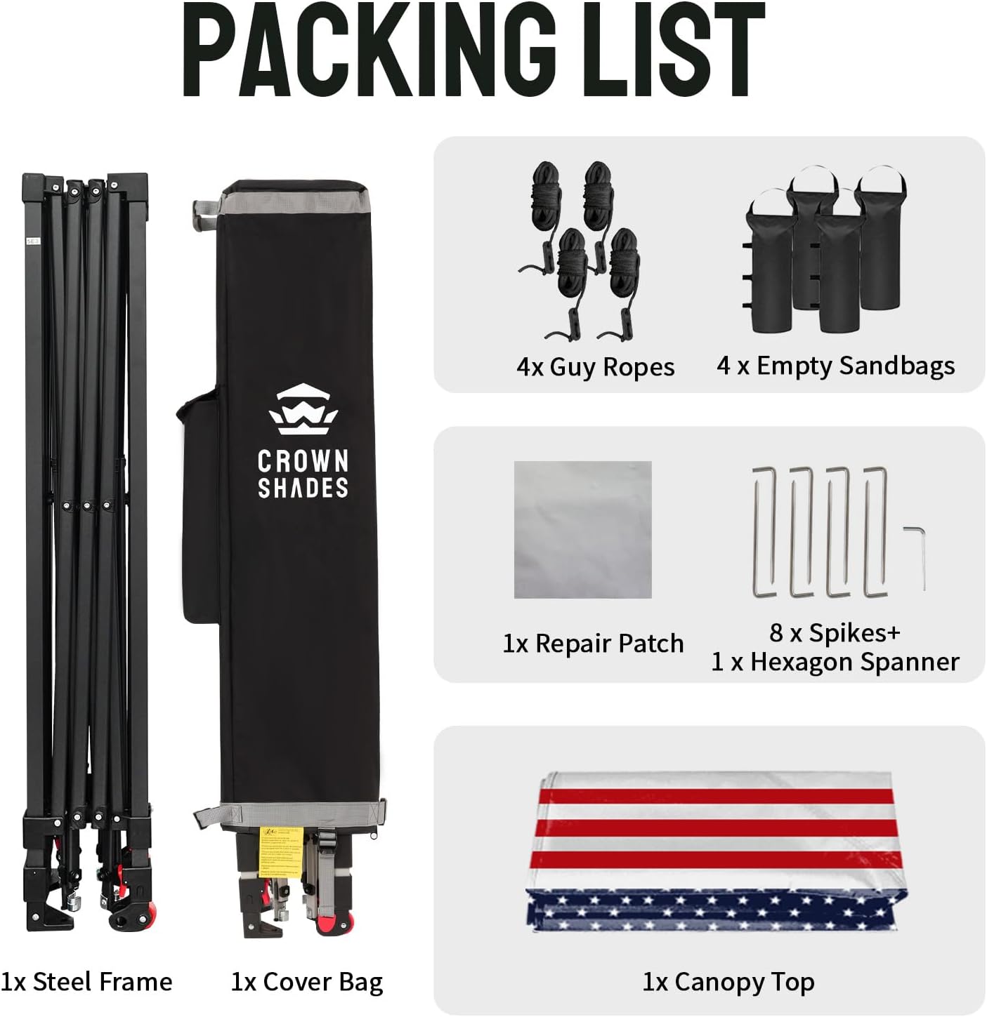 CROWN SHADES 10x10 Pop Up Canopy - Patented Center Lock One Push Instant Outdoor Canopy Beach Tent with STO-N-Go Bag 8 Stakes & 4 Sand Bags，American Flag