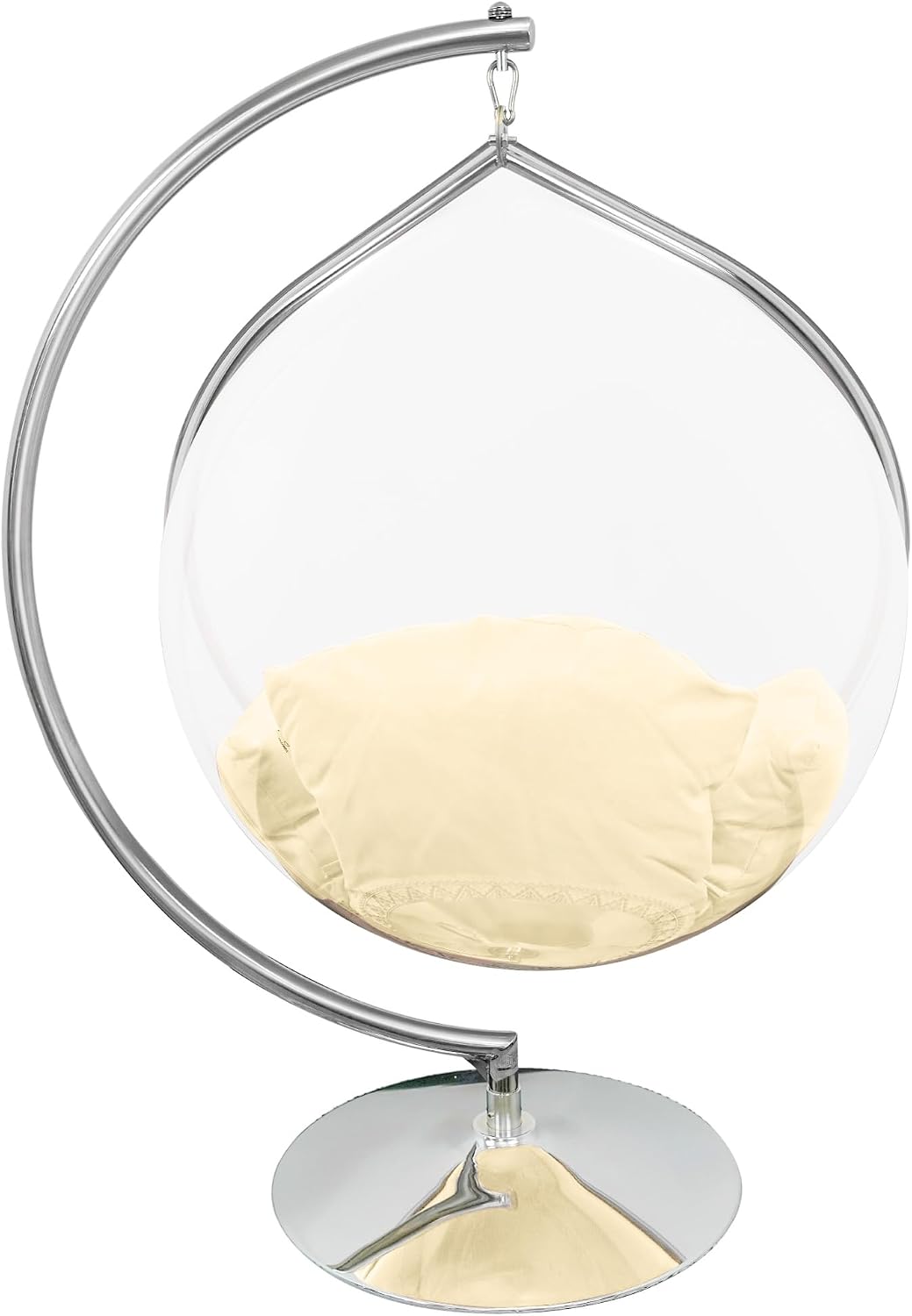 Hanging Chair - Transparent Acrylic Bubble, Waterdrop Shape, Indoor Swing Chair with Gold/Chrome Stand, Durable Fabric Cushion - Luxury Accent for Living Room, Bedroom (Chrome/Ivory)