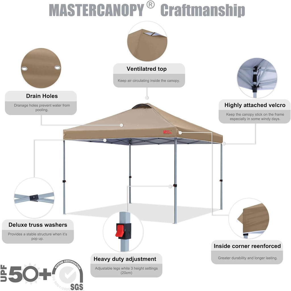 MASTERCANOPY Durable Pop-up Canopy Tent with Roller Bag (10x10, Khaki)
